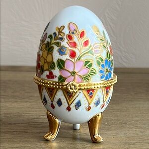 Vintage Porcelain Egg Shapped Hinged Trinket Floral Design Golf Footed Box.